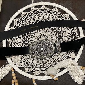 Chico's Black Belt with Intricate Silver Buckle